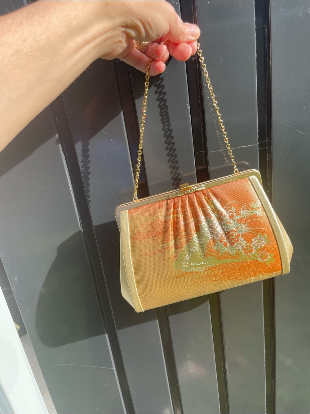 Vintage Japanese Kimono Obi Silk brocade engraved evening bag clutch Floral